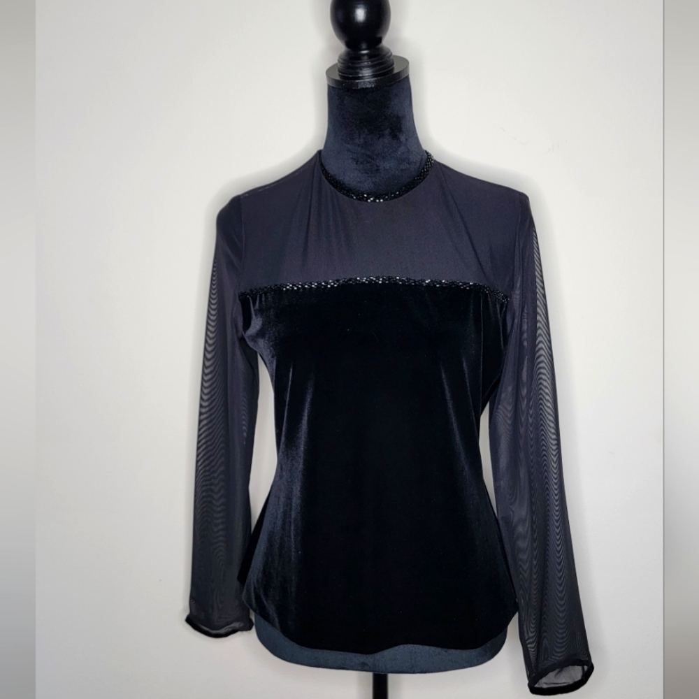 Vintage Jessica Howard Evenings Black Velvet See-through Long Sleeve Beaded Top